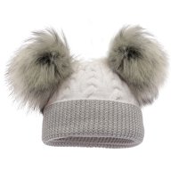 H646-W: White Cable Knit Hat w/Pom Poms (0-12m)